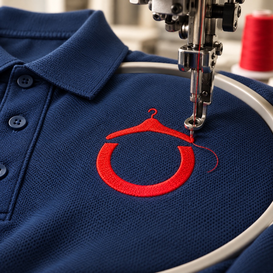 Máquina bordando un logo rojo en un polo azul marino