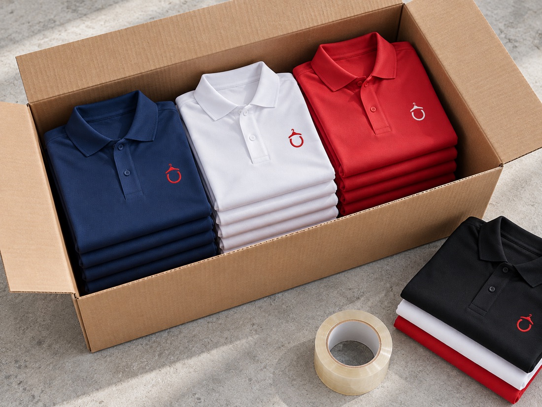 Caja con polos doblados azul marino, blanco y rojo con logo bordado, y una pila de polos negros