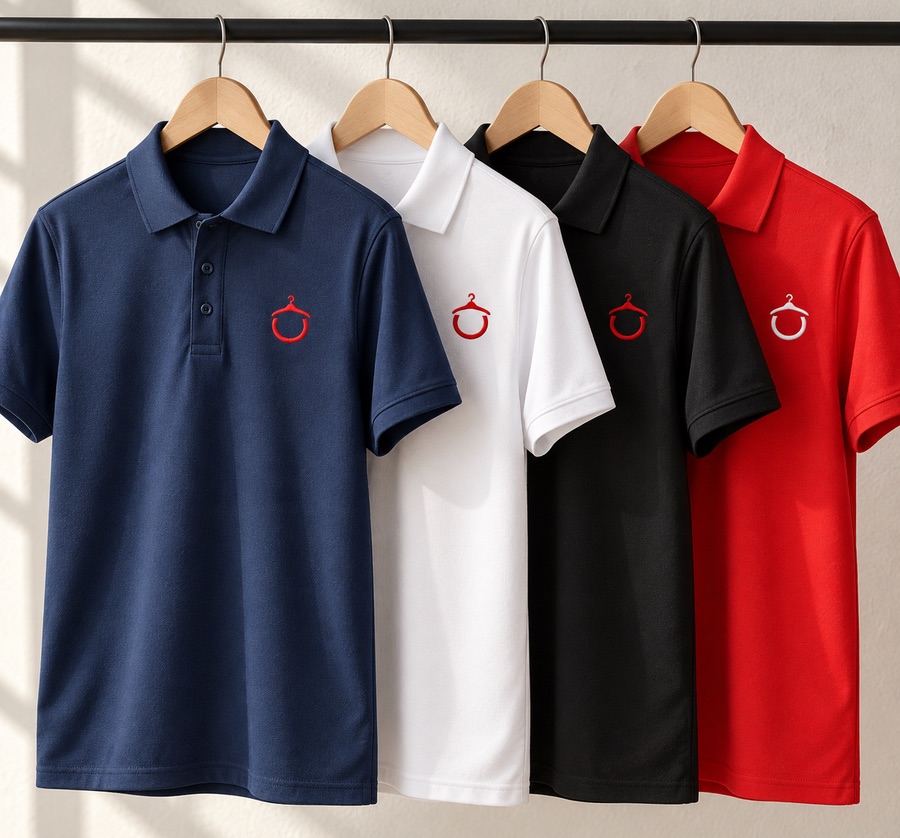 Polos azul marino, blanco, negro y rojo con un logo bordado en el pecho, colgados y doblados